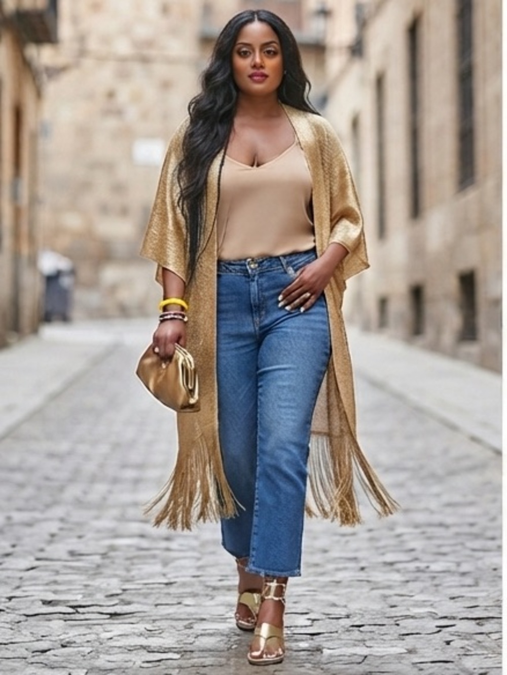 Gold Metallic Fringe Kimono Cardigan Women’s Beach Cover-Up One Size